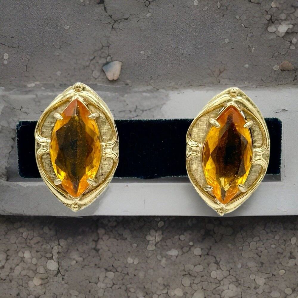 Whiting & Davis Earrings Large Marquise Amber‎ Tone Clip On Signed Vintage MCM